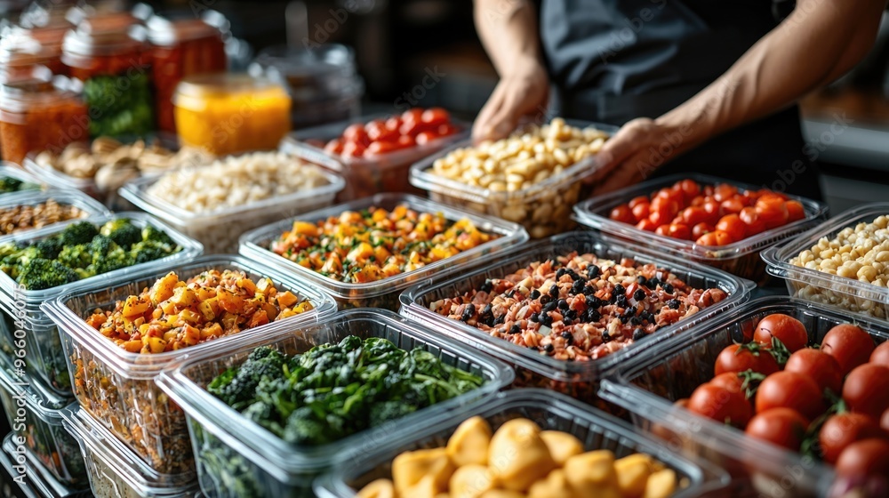 Obraz premium Busy professional unpacking healthy meal prep deliveries for easy cooking at home