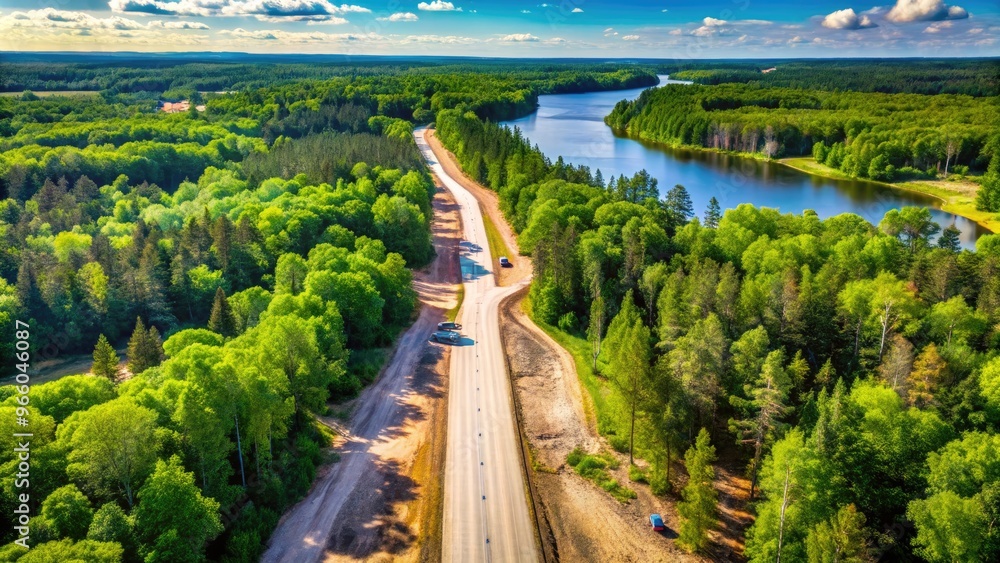 Aerial view of a rural road undergoing construction alongside serene Long Lake in Minnesota, surrounded by lush greenery and majestic trees on a sunny day. Aerial view of a rural road undergoing construction alongside serene Long Lake in Minnesota, surrounded by lush greenery and majestic trees on a sunny day.