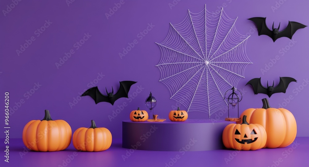 Fototapeta premium Halloween decorations with pumpkins and bats on a purple background during the fall season