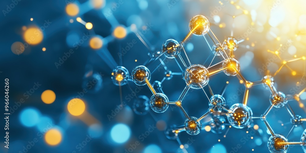 Fototapeta premium Abstract molecular structure with glowing particles on a blue background, ideal for science and technology visuals.