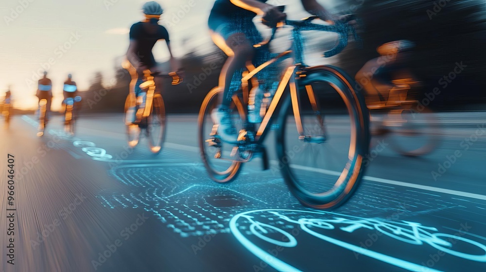 Fototapeta premium Digital bike path mapping, augmented reality display, cyclists, soft morning light