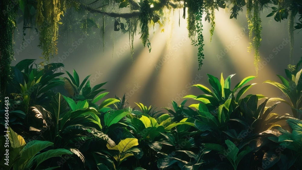 Obraz premium Develop a lush background featuring a dense canopy of leaves, with varying shades of green and sunlight filtering through. Generative AI