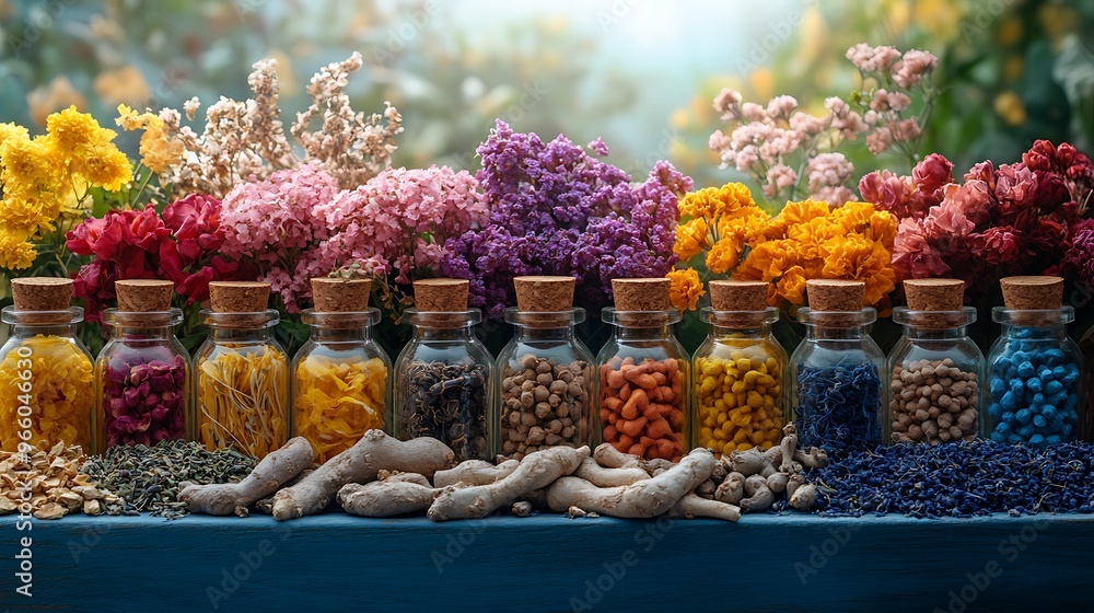4. Herbal medicine ingredients like dried flowers, roots, and leaves, arranged in a beautiful nature-themed setting, representing the power of natural healing remedies 4. Herbal medicine ingredients like dried flowers, roots, and leaves, arranged in a beautiful nature-themed setting, representing the power of natural healing remedies