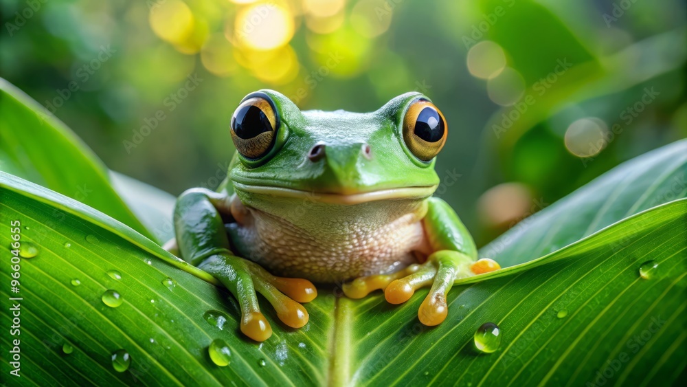 A curious green frog sits on a leaf, its large round eyes intently staring forward, surrounded by lush A curious green frog sits on a leaf, its large round eyes intently staring forward, surrounded by lush