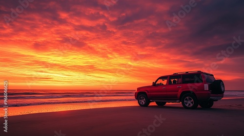 parked luxury SUV on a beach with a stunning red sunset sky, summer road trip travel vacation and adventure concept