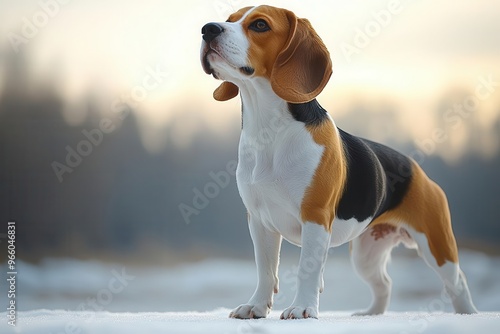 majestic beagle with regal stance on pristine white backdrop fur glistening eyes alert and expressive capturing canine nobility and charm photo