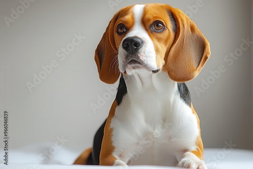 majestic beagle with regal stance on pristine white backdrop fur glistening eyes alert and expressive capturing canine nobility and charm photo