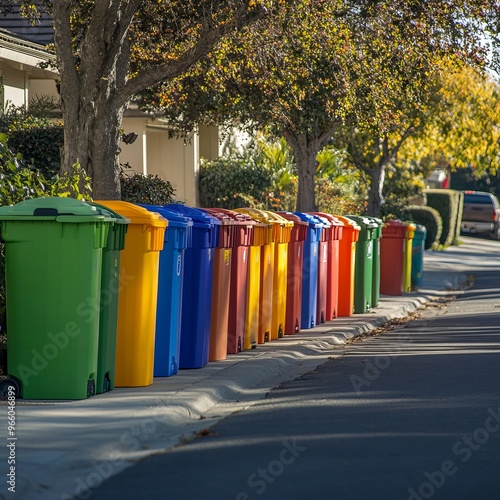 Row of colorful recycling bins on curb.