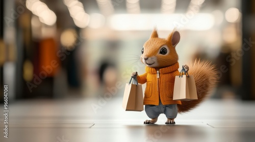 A cute cartoon squirrel in a shopping mall, holding shopping bags and wearing a stylish jacket, perfect for fun and playful themes.