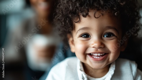 A cheerful child with curly hair smiles brightly. The background features an adult figure holding a cup, though they are out of focus and less prominent.