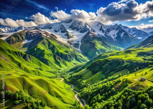 Wallpaper Mural Aerial View Of Majestic, Snow-Capped Peaks And Lush Green Valleys Under A Brilliant Blue Sky In The Heart Of Azerbaijan'S Caucasus Mountains. Torontodigital.ca