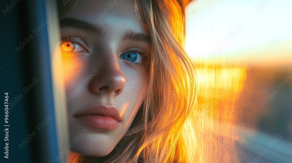 serene reflection of a young blonde woman in the train window during golden hour with natural beauty and sunset travel vibes serene reflection of a young blonde woman in the train window during golden hour with natural beauty and sunset travel vibes