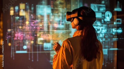 A woman wearing VR headset looks at a futuristic display with glowing abstract patterns.