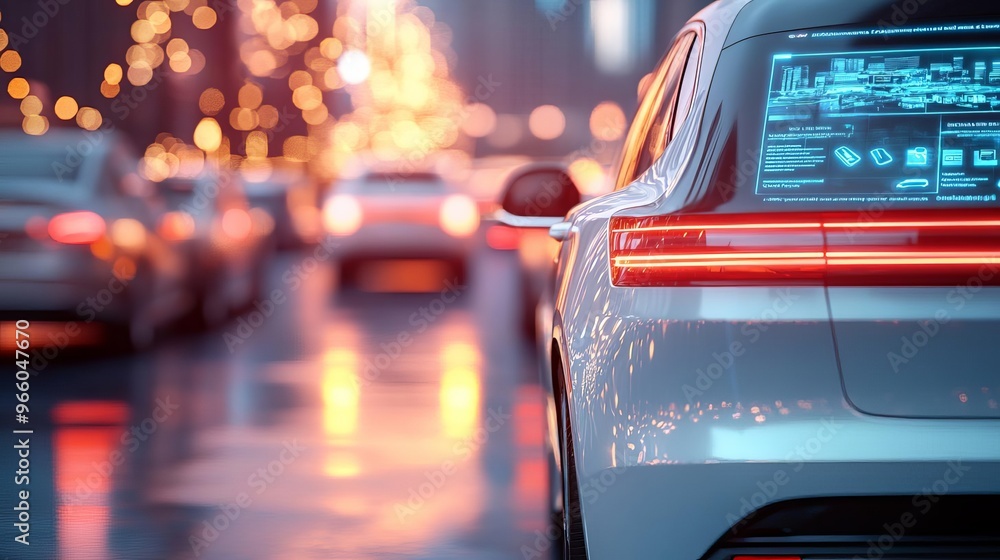 Digital car sharing, autonomous vehicles, holographic booking interface, modern city Digital car sharing, autonomous vehicles, holographic booking interface, modern city