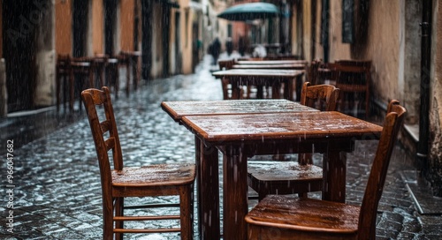 Empty wooden table and chairs in a rainy street at dusk in an Italian town