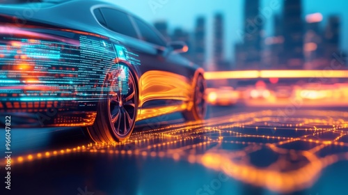 Digital car sharing, autonomous vehicles, holographic booking interface, modern city