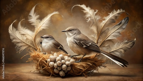 A delicate arrangement of soft, gray-brown mockingbird feathers, gently curled and ruffled, rests against a muted,