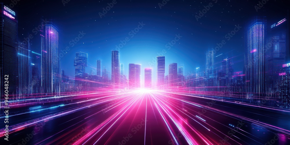 Fototapeta premium Futuristic cityscape illuminated by vibrant neon lights, showcasing a dynamic blend of technology and urban aesthetics.