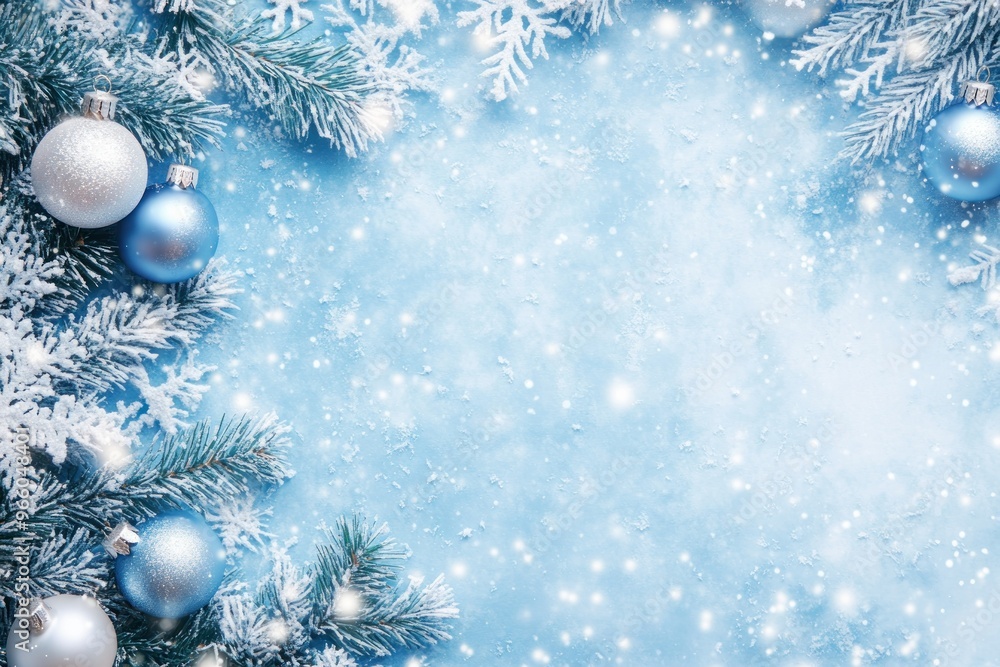 Snowy Winter Background with Blue and Silver Ornaments and Pine Branches Snowy Winter Background with Blue and Silver Ornaments and Pine Branches