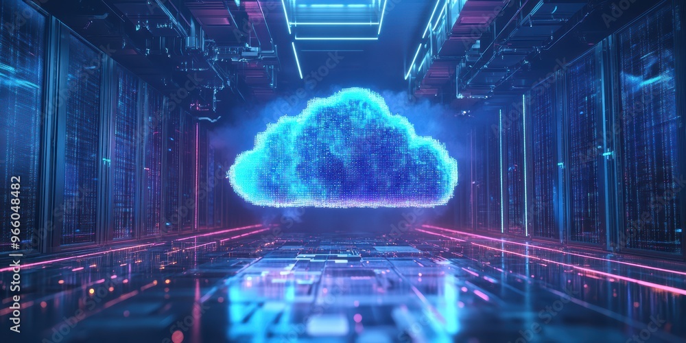Futuristic digital cloud in a data center, representing cloud computing and advanced technology. Vibrant blue light and reflections create depth. Futuristic digital cloud in a data center, representing cloud computing and advanced technology. Vibrant blue light and reflections create depth.