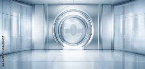 Futuristic interior with sleek metallic design and circular doorway, creating a high-tech atmosphere for modern concepts.