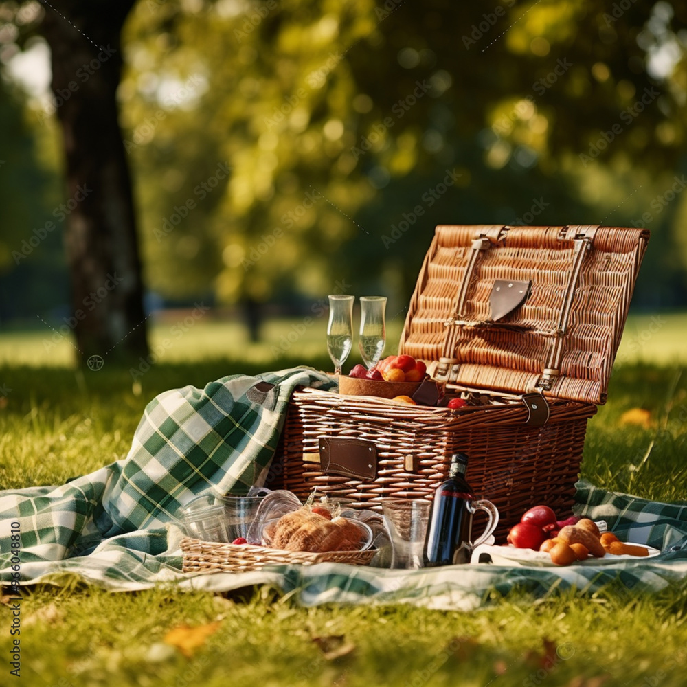 Photo picnic basket on checkered blanket over the green grass in the park Photo picnic basket on checkered blanket over the green grass in the park