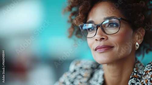 A smiling woman in glasses with curly hair is poised with an introspective look, capturing a moment of thoughtful contemplation and inner peace in a professional setting.