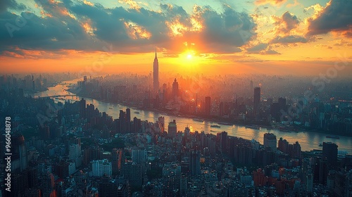 Urban Symphony: Aerial View of Vibrant Cityscape with Skyscrapers and Commuters