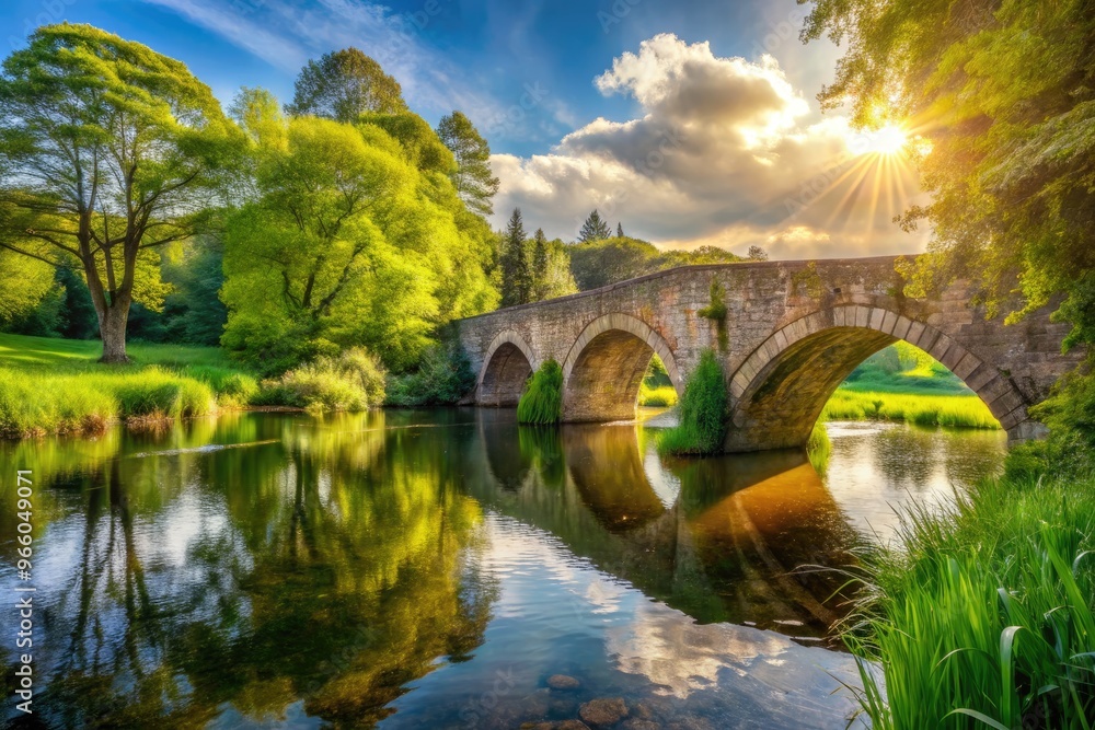 An Ancient Stone Arched Bridge Spanning A Tranquil River, Surrounded By Lush Greenery And Bathed In Warm Sunlight. An Ancient Stone Arched Bridge Spanning A Tranquil River, Surrounded By Lush Greenery And Bathed In Warm Sunlight.