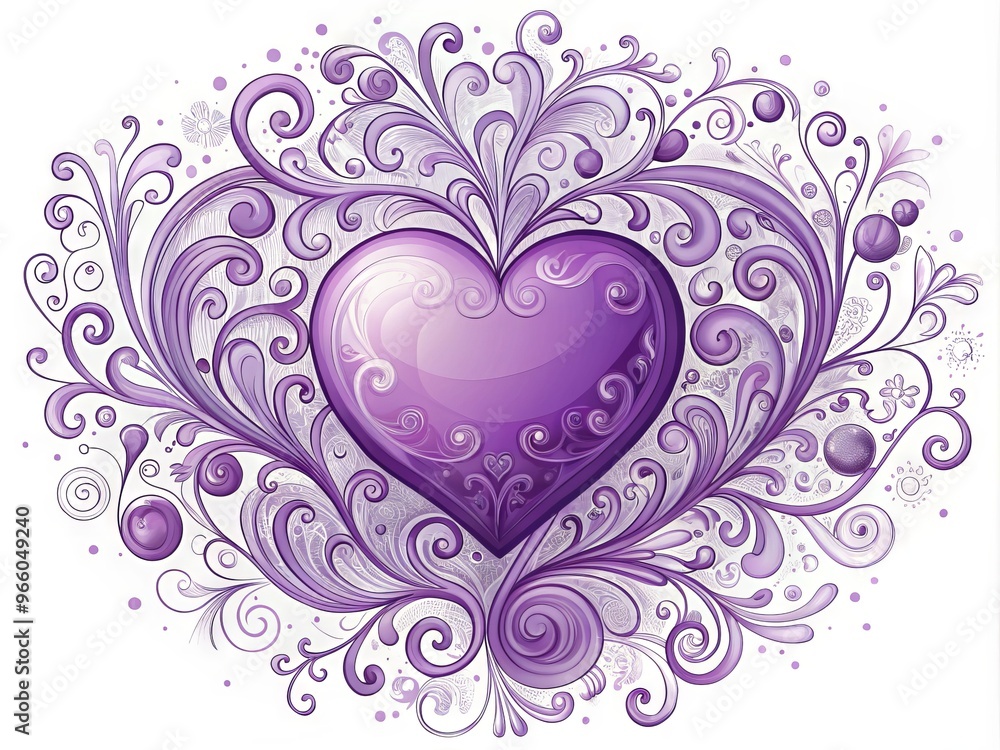 A delicate, hand-drawn illustration of a whimsical purple heart surrounded by intricate swirls and ornate flourishes, A delicate, hand-drawn illustration of a whimsical purple heart surrounded by intricate swirls and ornate flourishes,