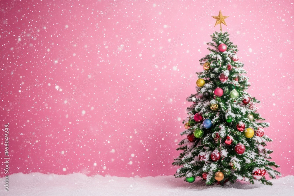 Obraz premium Decorated Christmas Tree with Snow on Pink Background