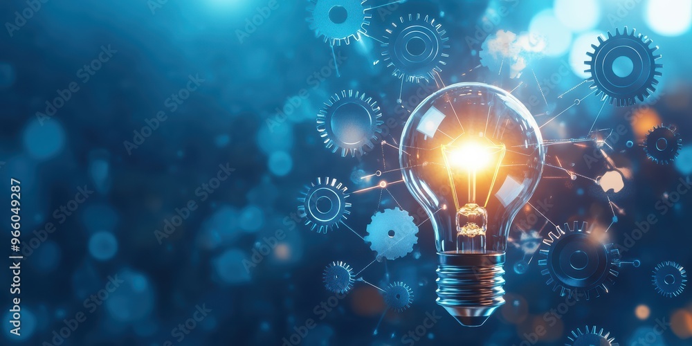 Illuminating idea represented by a glowing light bulb amidst gears and blue bokeh, symbolizing innovation and creativity. Illuminating idea represented by a glowing light bulb amidst gears and blue bokeh, symbolizing innovation and creativity.