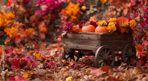 Autumn harvest display with a wooden cart, pumpkins, and colorful foliage in ...