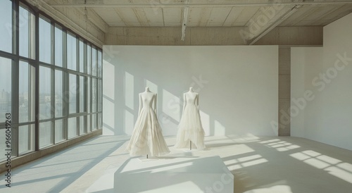 Brightly lit studio showcasing elegant white dresses on mannequins in a seren...