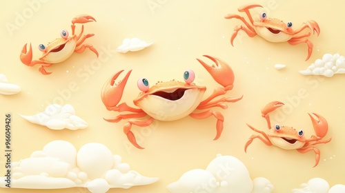 Cartoon crabs with rosy cheeks on a soft yellow background with floating clouds