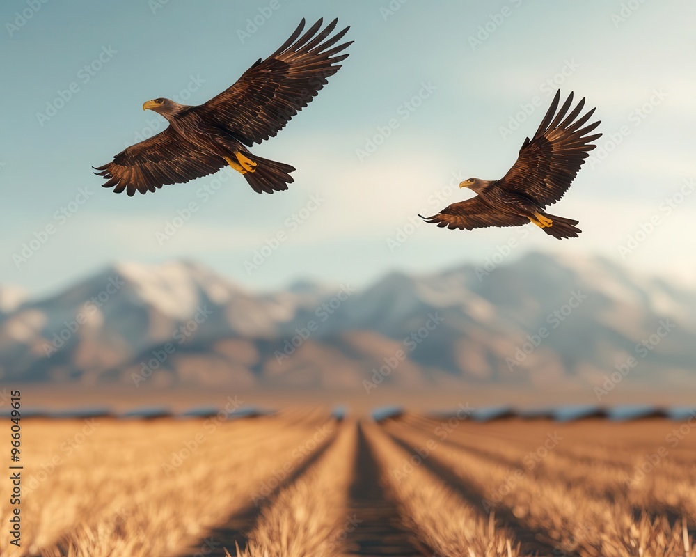 Obraz premium Eagles soaring above a solar farm in the desert, wildlife coexisting with renewable technology