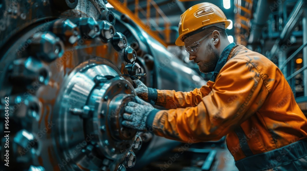 Engineer in orange uniform and hard hat working on heavy machinery in an industrial setting, focused on maintenance and repair. Engineer in orange uniform and hard hat working on heavy machinery in an industrial setting, focused on maintenance and repair.