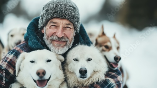 A content man in a warm outfit embraces his husky dogs, set against a snowy winter scene, illustrating the harmony and connection between human and animal. photo