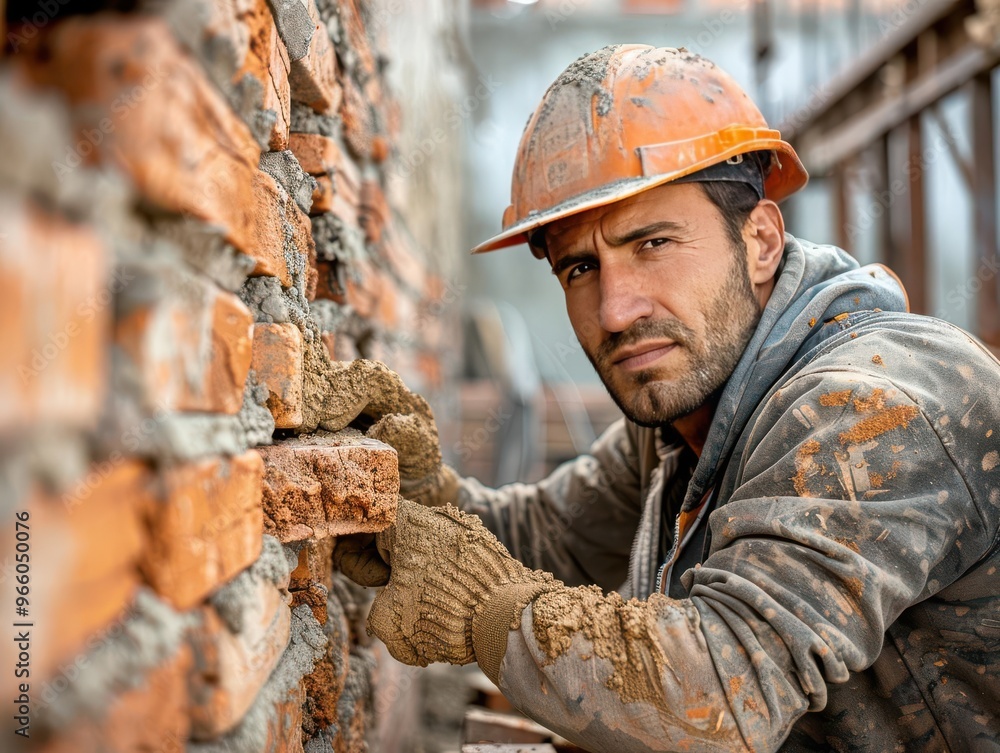 Close-up of a construction worker laying bricks. The worker is wearing a hard hat and gloves, focusing intently on building a brick wall. Close-up of a construction worker laying bricks. The worker is wearing a hard hat and gloves, focusing intently on building a brick wall.