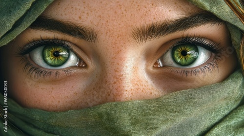 Closeup of the green eyes of a girl with her face wrapped in a green scarf generative ai