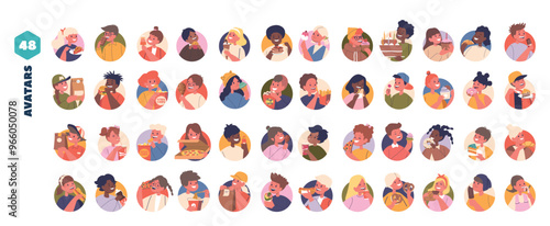 Collection Of Diverse Kids Avatars Eating Fast Food Meals and Sweets. Isolated Vector Round Icons With Cartoon Children