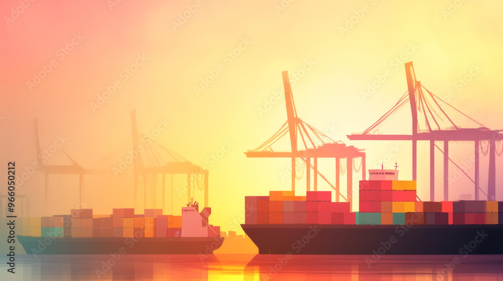 Fototapeta premium A vibrant watercolor style digital painting depicts busy industrial shipping activity with cargo ships and cranes silhouetted against colorful sunset. scene evokes sense of bustling trade and maritime