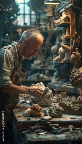 Wallpaper Mural Skilled artisan sculpting stone in a workshop filled with tools and sculptures under focused lighting, showcasing craftsmanship and dedication. Torontodigital.ca