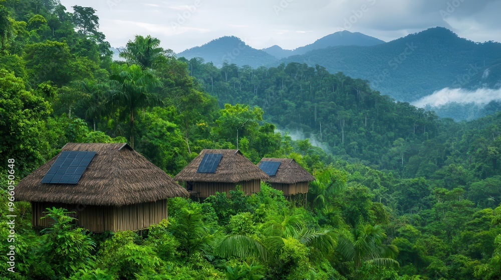Tropical rainforest canopy with solar-powered eco-research huts, monkeys playing in the trees Tropical rainforest canopy with solar-powered eco-research huts, monkeys playing in the trees