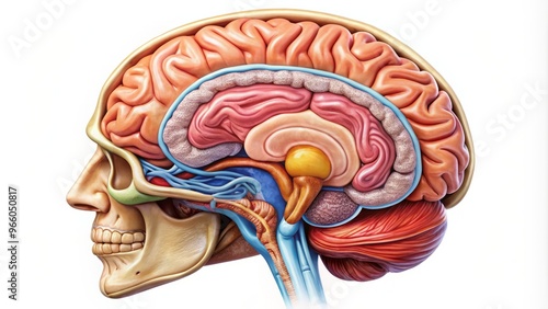 A detailed sagittal section illustration of the human brain, showcasing cerebral hemispheres, cerebellum, brainstem, photo