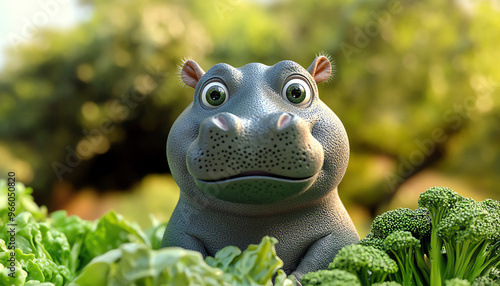 Cute hippopotamus with vegetables. Generative ai.