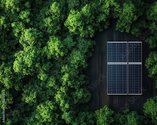 Dense forest with solar panels embedded in the canopy, birds and wildlife thriving, eco-friendly energy photo