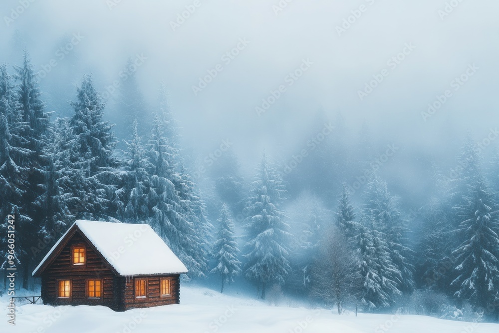 A Cozy Cabin Nestled Among Snowy Pine Trees in Foggy Winter Landscape A Cozy Cabin Nestled Among Snowy Pine Trees in Foggy Winter Landscape