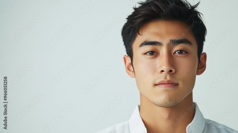 Medium shot of a determined Asian student, their brow furrowed with intense scholarly focus, expression radiating academic dedication, isolated on a white background Medium shot of a determined Asian student, their brow furrowed with intense scholarly focus, expression radiating academic dedication, isolated on a white background