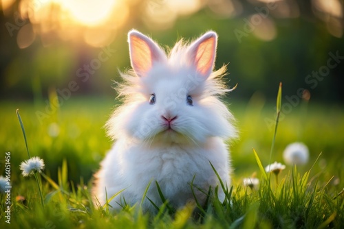 Adorable ball of white fur with bright curious eyes, twitching whiskers, and floppy ears, a cute and cuddly photo